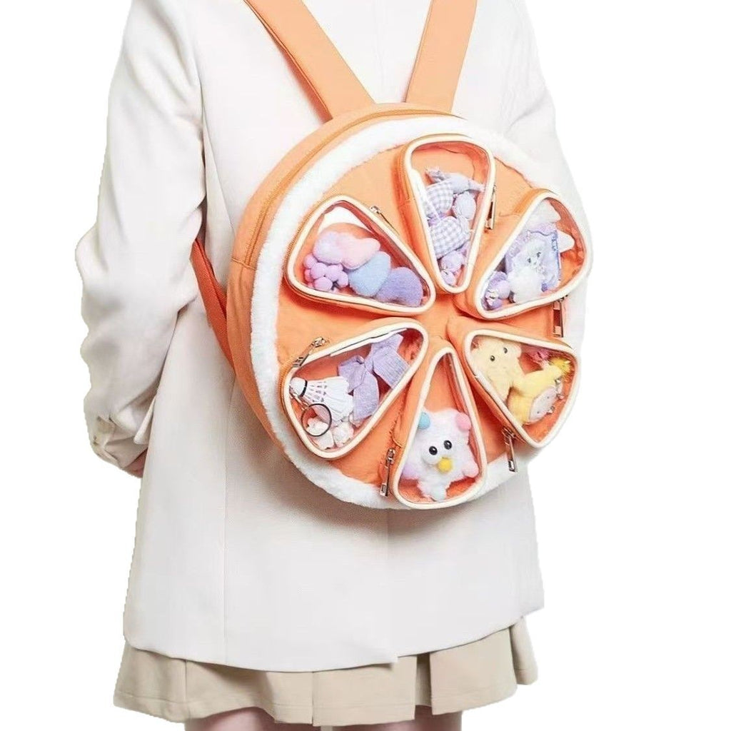 Women's Orange Multi-Compartment Backpack – PU & Cotton Casual Daypack