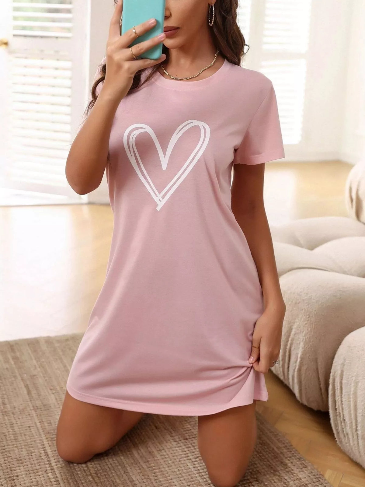 Women's Heart-Print Short-Sleeve Lounge Nightgown