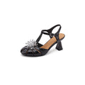 Women's Crystal Embellished Mary Jane Heeled Sandals | Genuine Leather T-Strap Closed-Toe Pumps