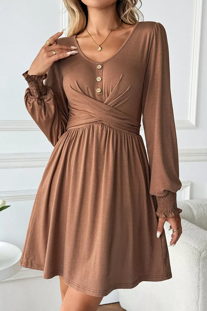 Shirred Cuff Long-Sleeve Button Round-Neck Mini Dress