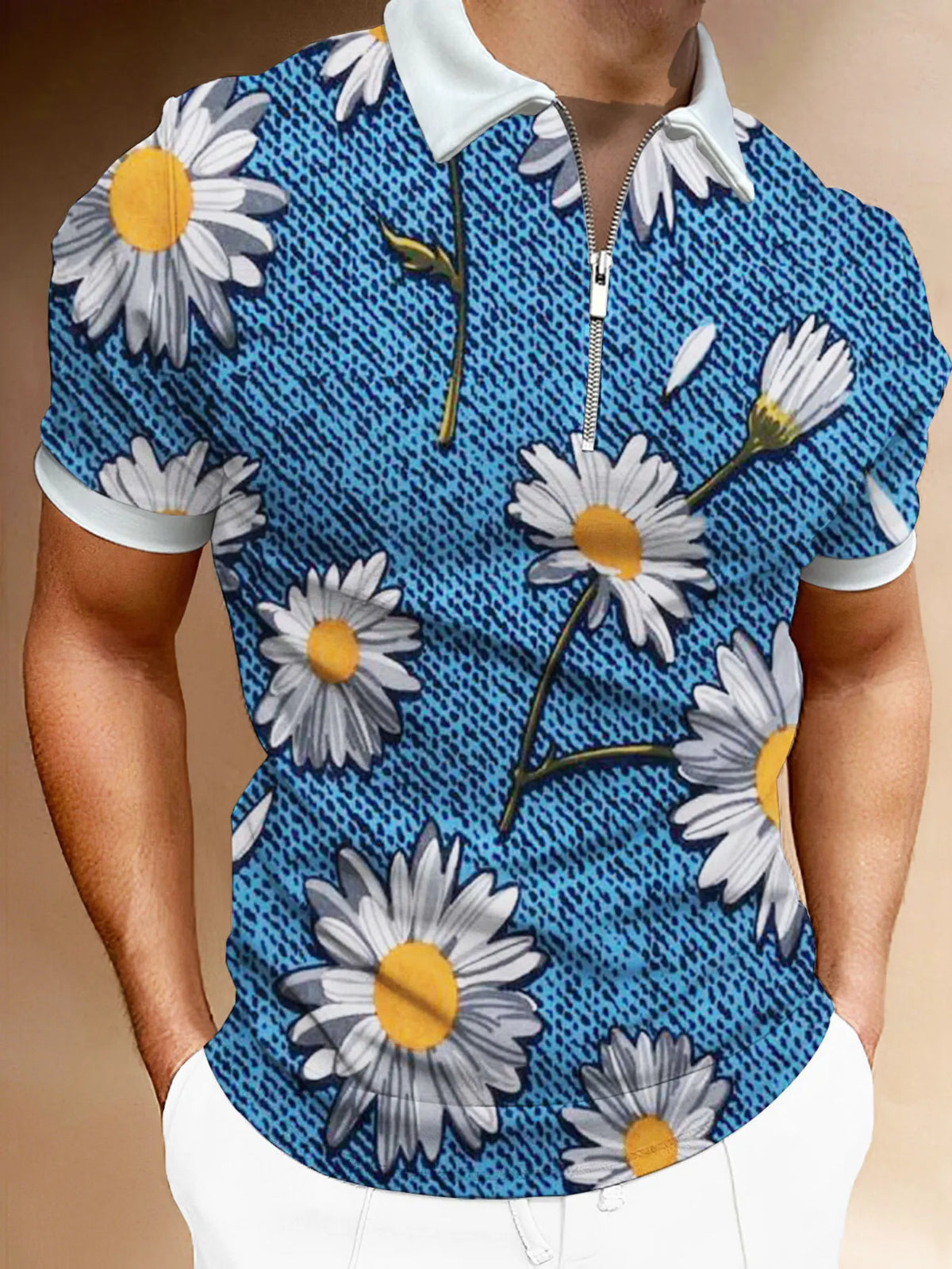 Men's Full Size Floral Print Zip-Up Polo Plus Size