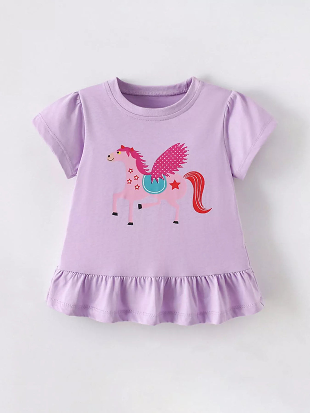 Girls’ Horse Graphic Ruffle-Hem Top — Lavender