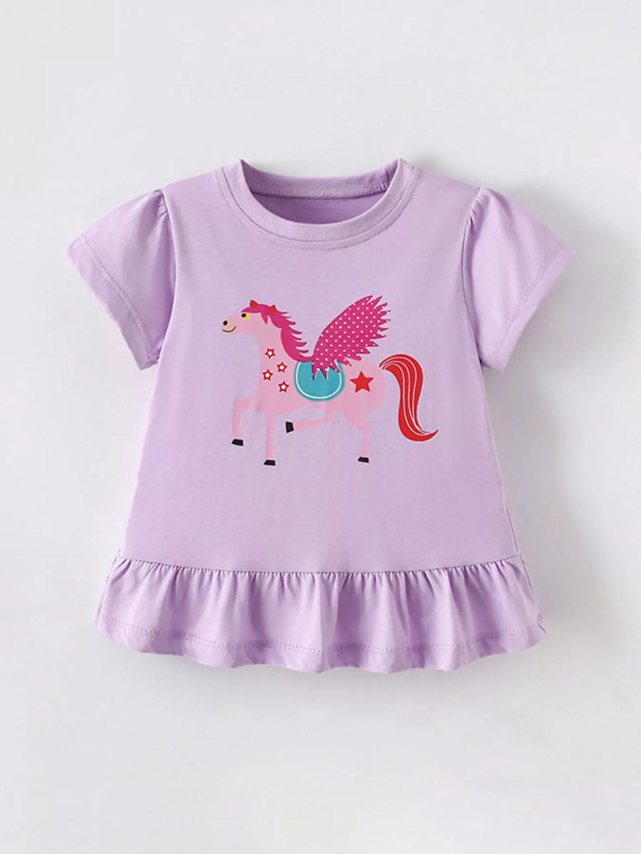 Girls’ Horse Graphic Ruffle-Hem Top — Lavender
