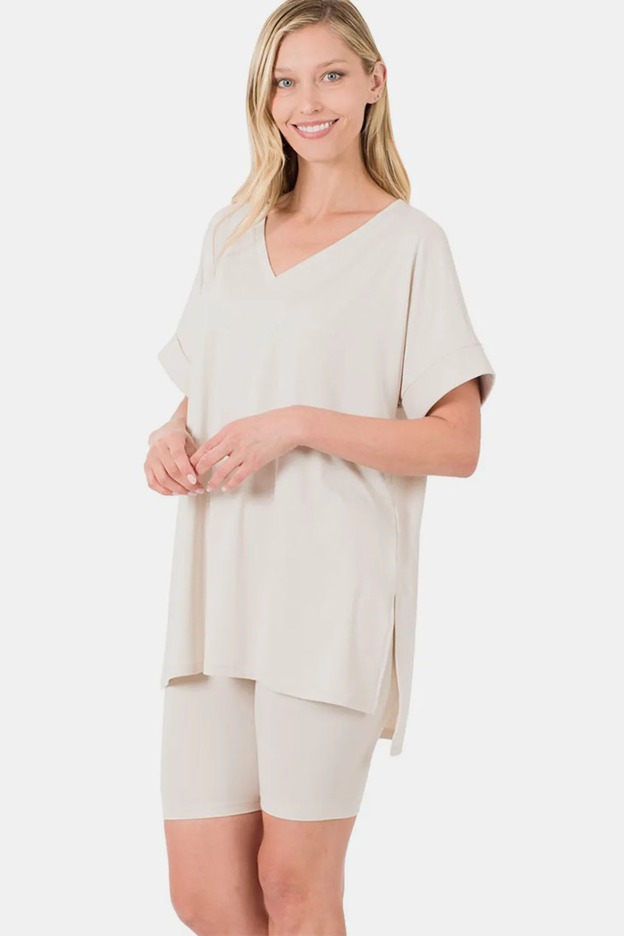 Curve V-Neck Short Sleeve Slit T-Shirt and Shorts Set — Bone