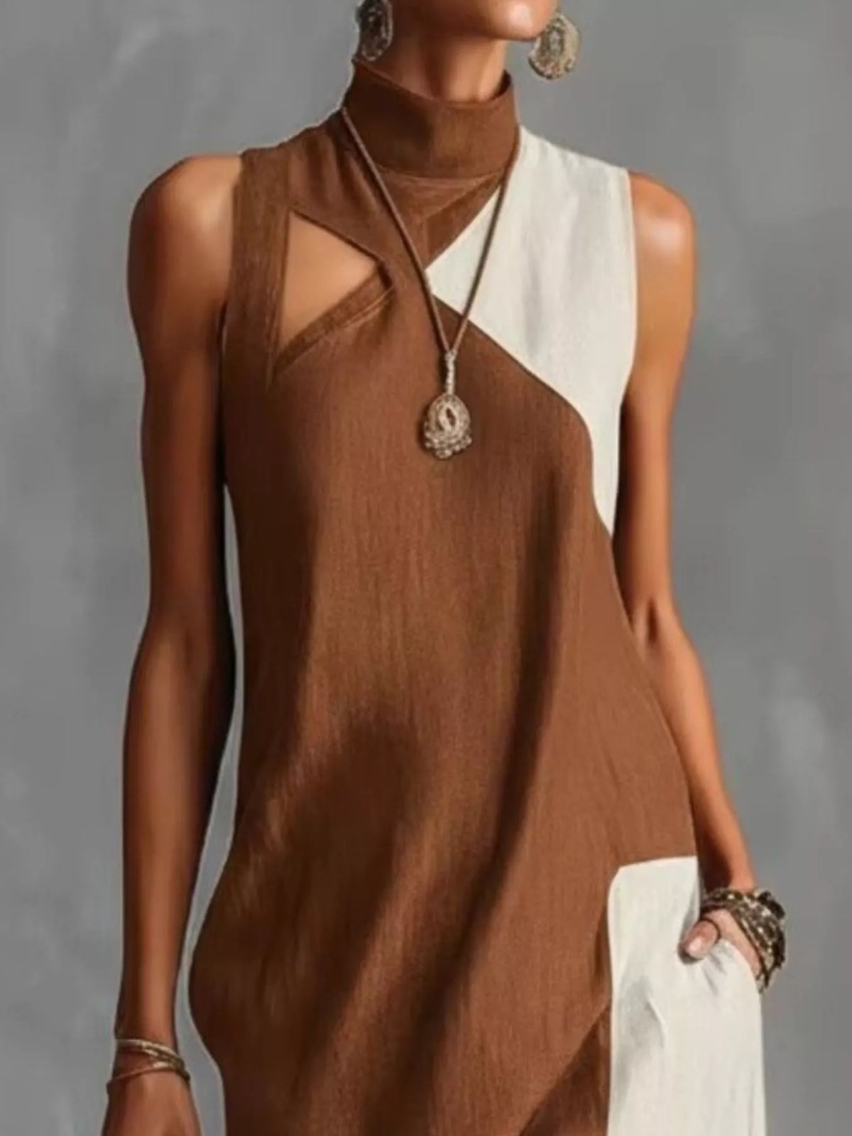 Color-Block Mock-Neck Sleeveless Maxi Dress