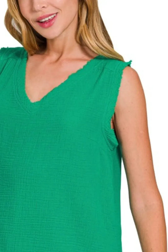 Another view: Double Gauze Raw Edge V-Neck Tank — K GREEN