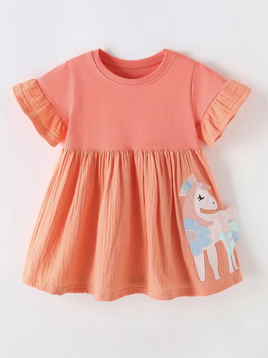 Girls’ Unicorn Appliqué Ruffle-Sleeve Dress — Coral
