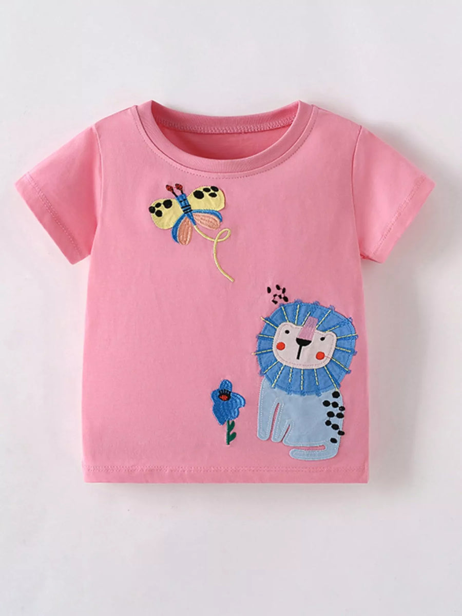 Kids’ Embroidered Cartoon Cotton T-Shirt — Pink