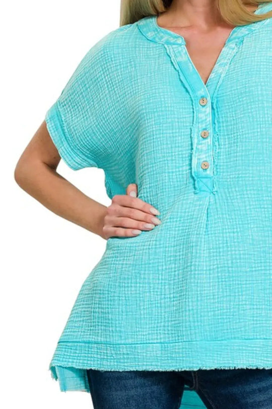 Another view: Washed Double Gauze 3/4 Button Henley Neck Shirt — Mint Sky