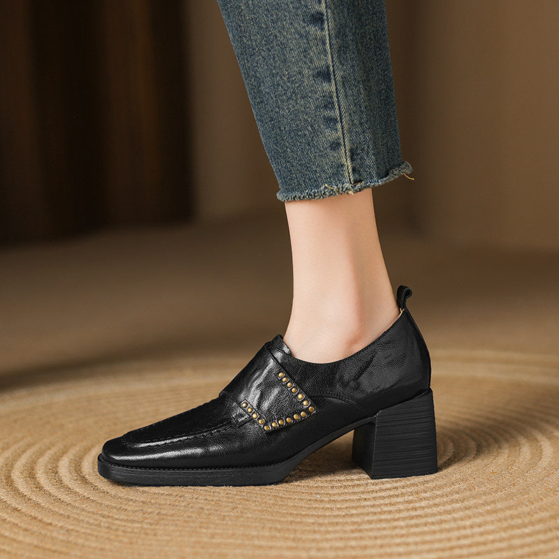 Women's British Style Square-Toe Chunky Heel Pumps | Studded Deep-Vamp High Heels