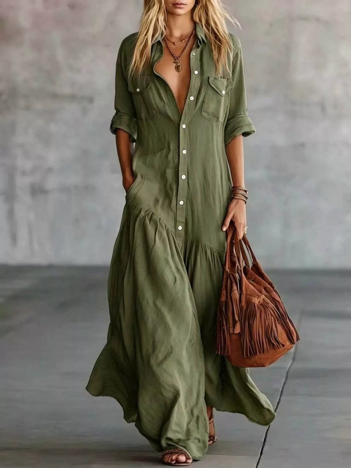 Button-Front Roll-Sleeve Maxi Dress