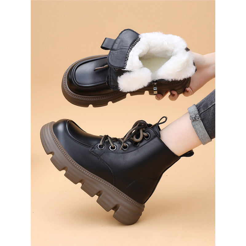 Women's Wool-Lined Waterproof Genuine Leather Winter Boots | Warm Mid-Heel Low Shaft Boots