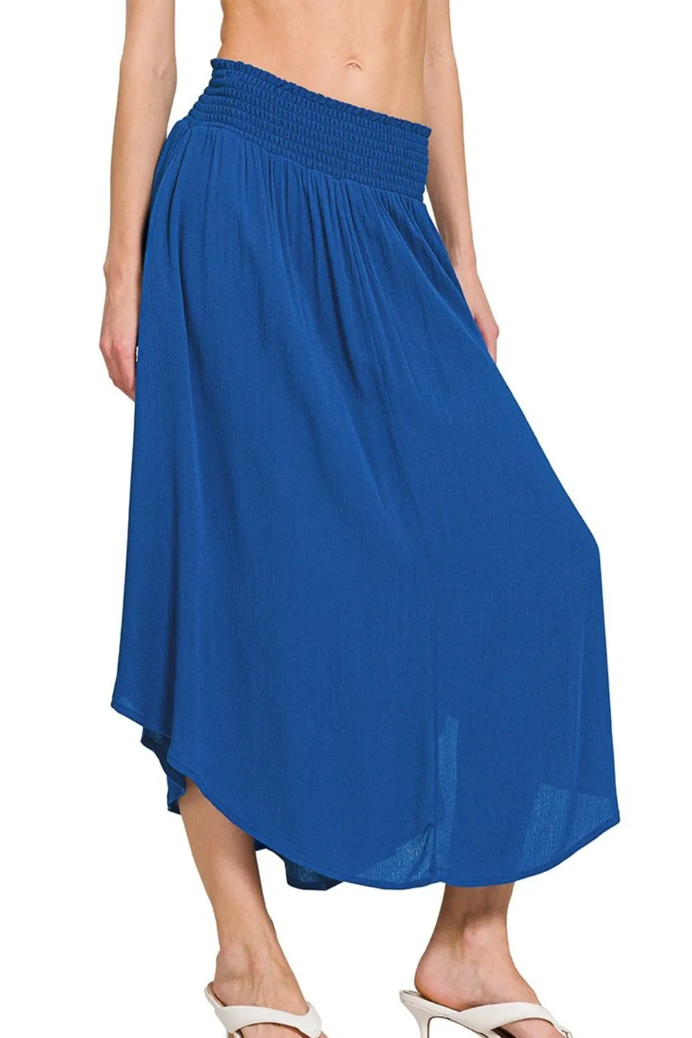 Woven Crinkle Smocked Waist Maxi Skirt with Pockets