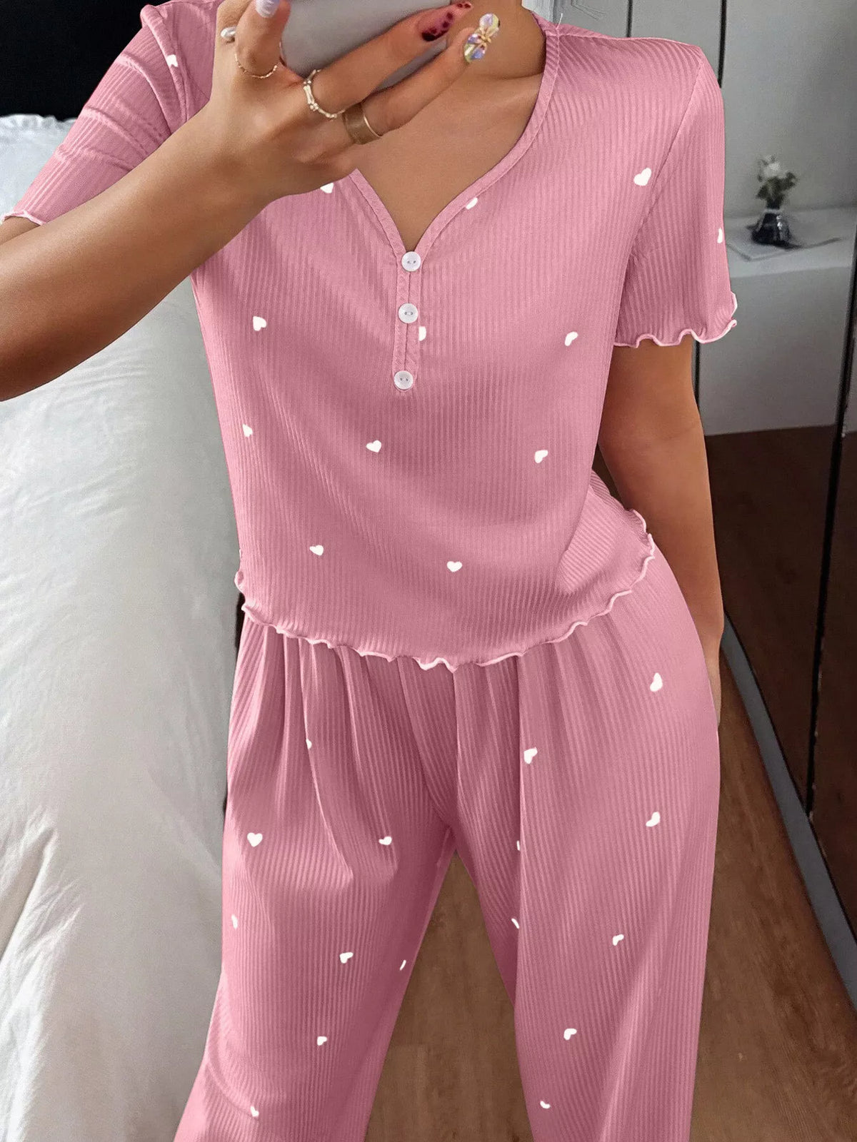 Women's Heart-Print Lettuce-Trim Loungewear Set