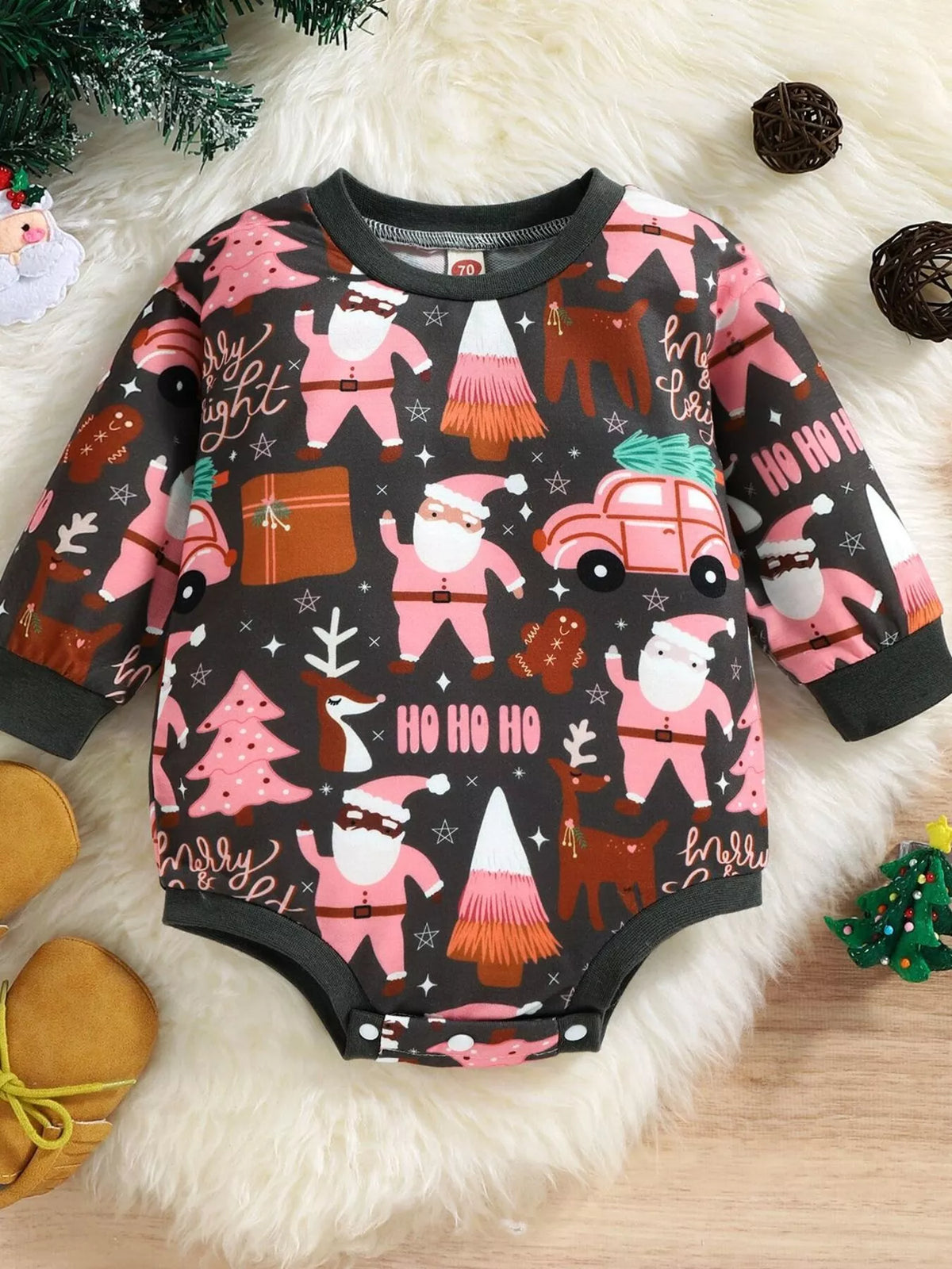 Bluebird Lane Christmas Print Long-Sleeve One-Piece Bodysuit