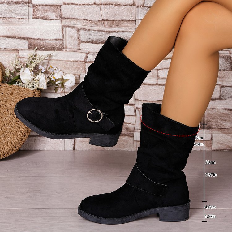 Women's Suede Chunky Heel Ankle Boots - Round Toe Cutout Design Winter Footwear