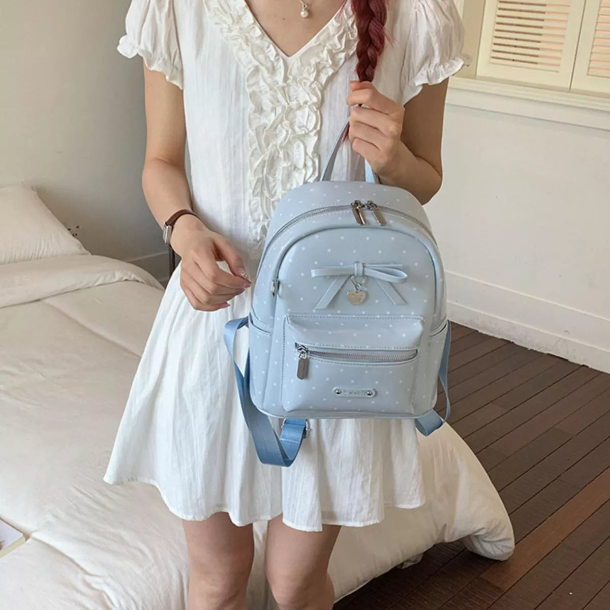 Blue Polka-Dot Bow Mini Backpack