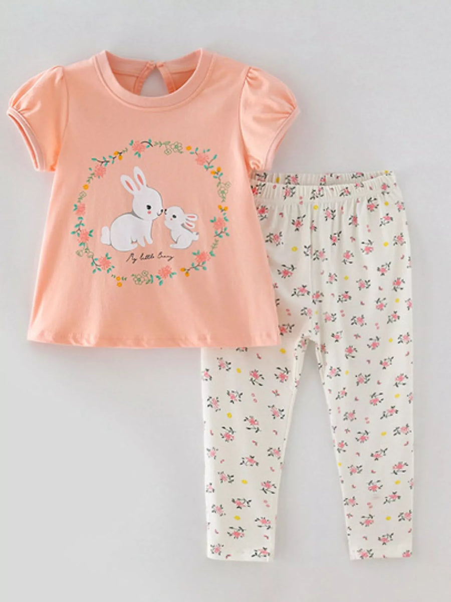 Girls’ Bunny Top & Floral Pants Set — Multicolor