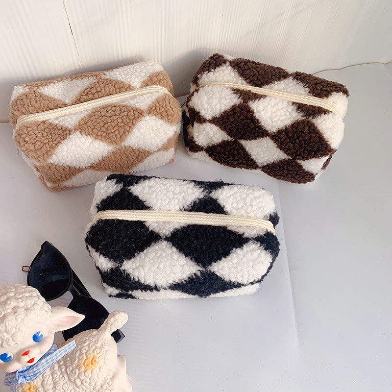 Plaid Plush Crossbody Bag | Large Capacity Makeup & Storage Organizer | Korean Style