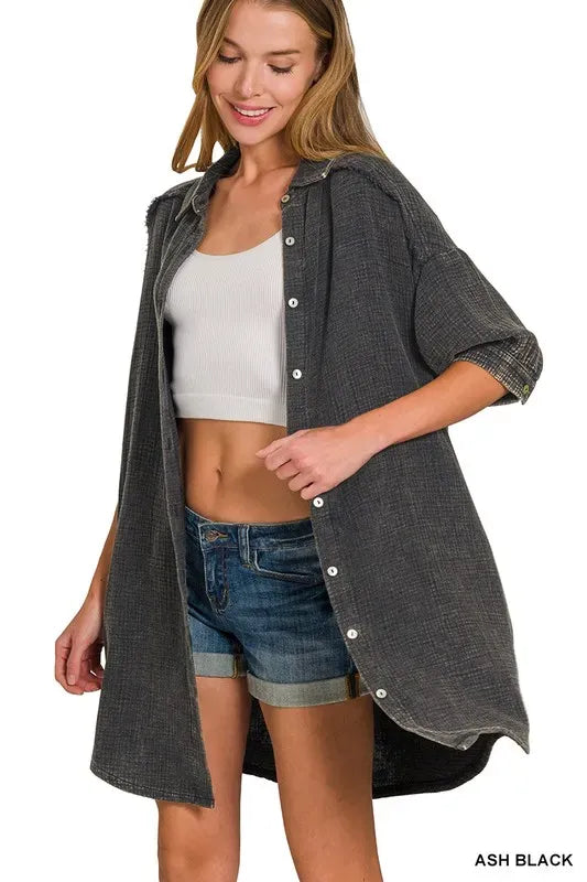 Another view: Washed Double Gauze Button Down Shirt Dress — ASH BLACK