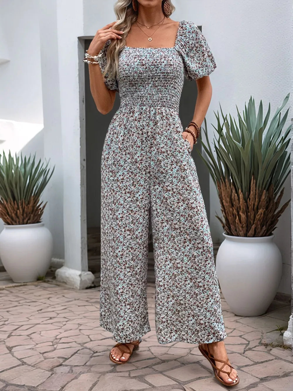 Valentina Ditsy Floral Smocked Square Neck Puff Sleeve Jumpsuit