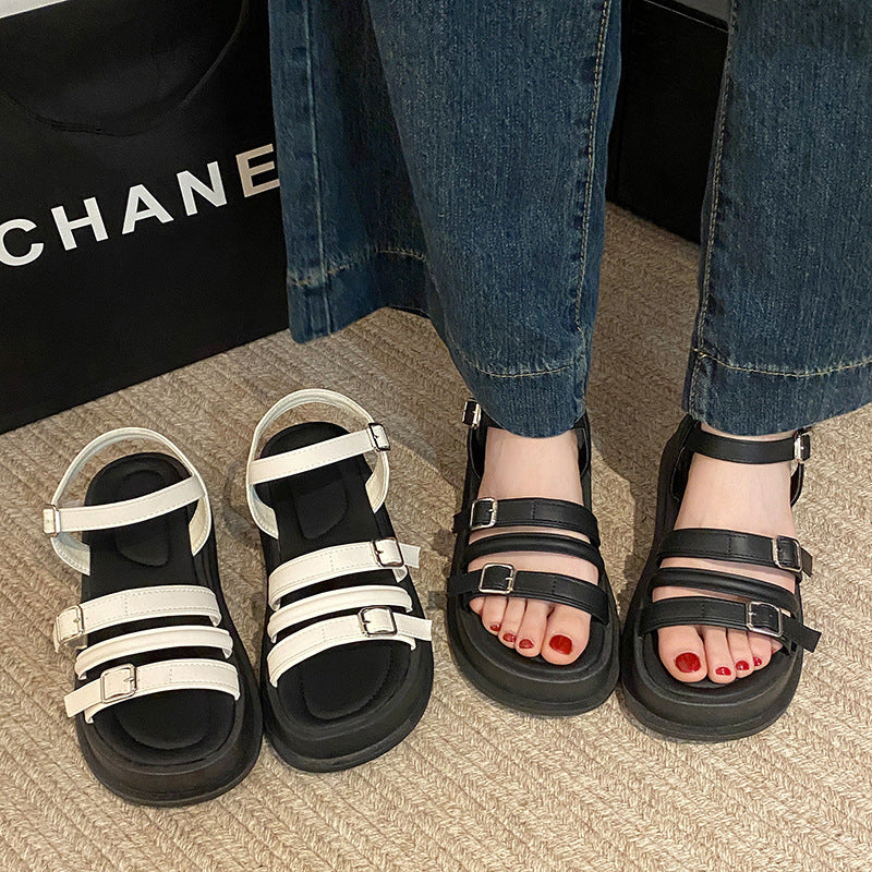 Women's Roman Style Flat Sandals | Buckle Beach Shoes | Black & Off-White