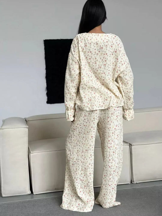 Another view: Floral Print Button-Down Top and Pants Lounge Set
