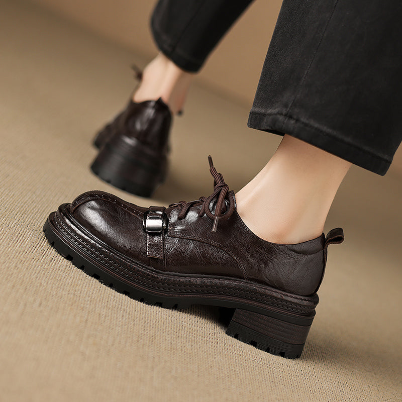 Women's Platform Oxford Shoes | Handmade Full-Grain Sheepskin Chunky Heel Lace-Up Brogues