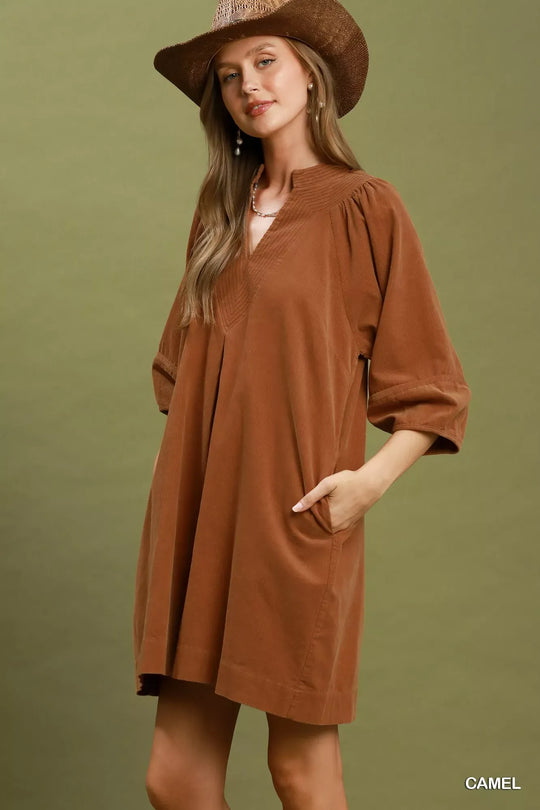 Another view: Umgee Corduroy V-Neck Puff Sleeve Shift Dress with Pockets
