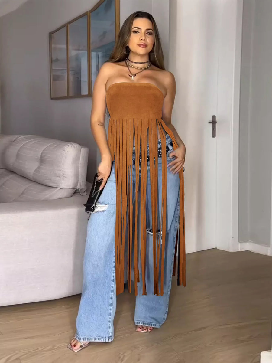 Long-Fringe Strapless Tube Top