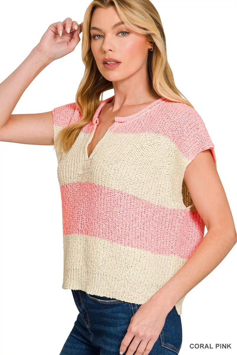 Split Neck Sleeveless Stripe Sweater — CORAL PINK