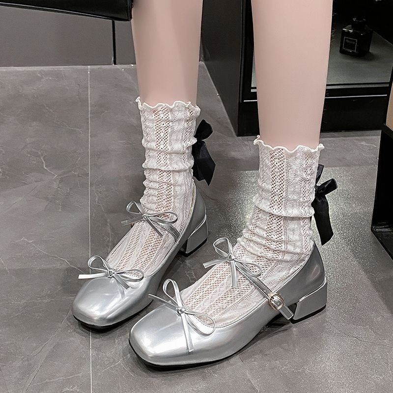 Women's Square-Toe Mary Jane Shoes with Bow - Chunky Heel Dress Shoes