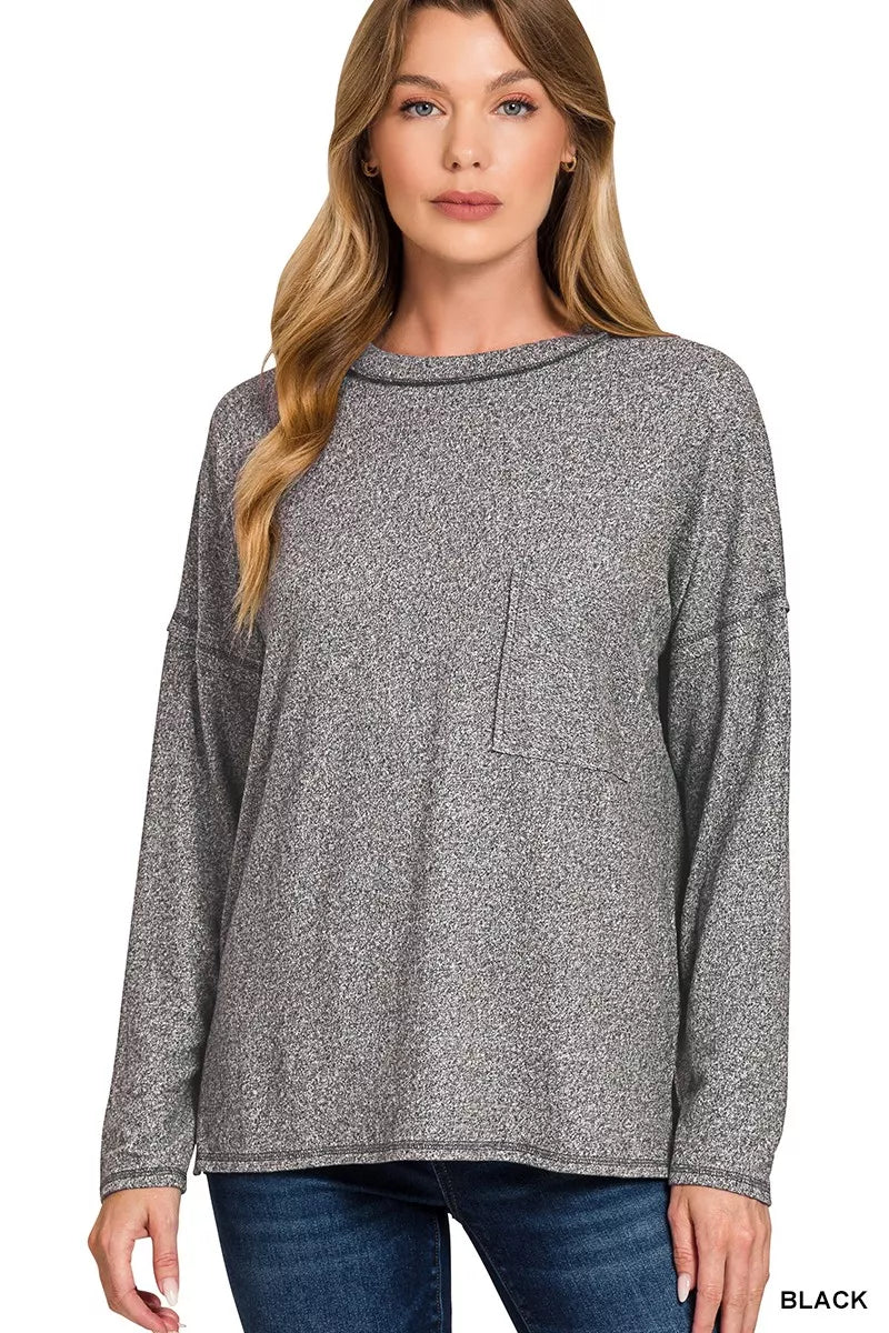 Soft Melange Hacci Round-Neck Long Sleeve T-Shirt — BLACK