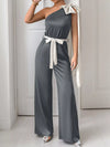 Bow-detail one-shoulder belted wide-leg jumpsuit