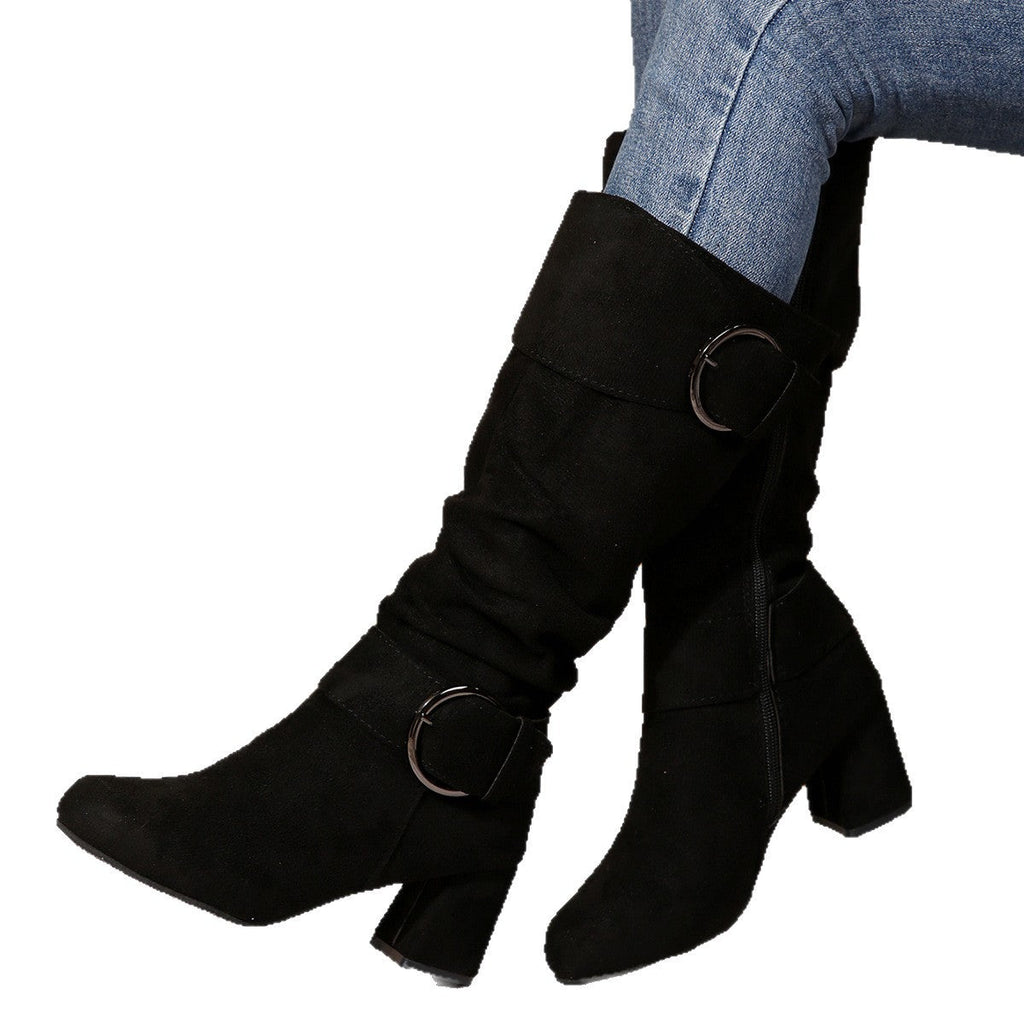 Women's Belt Buckle Chunky Heel Mid-Calf Boots | Suede Pointed Toe Fall Winter