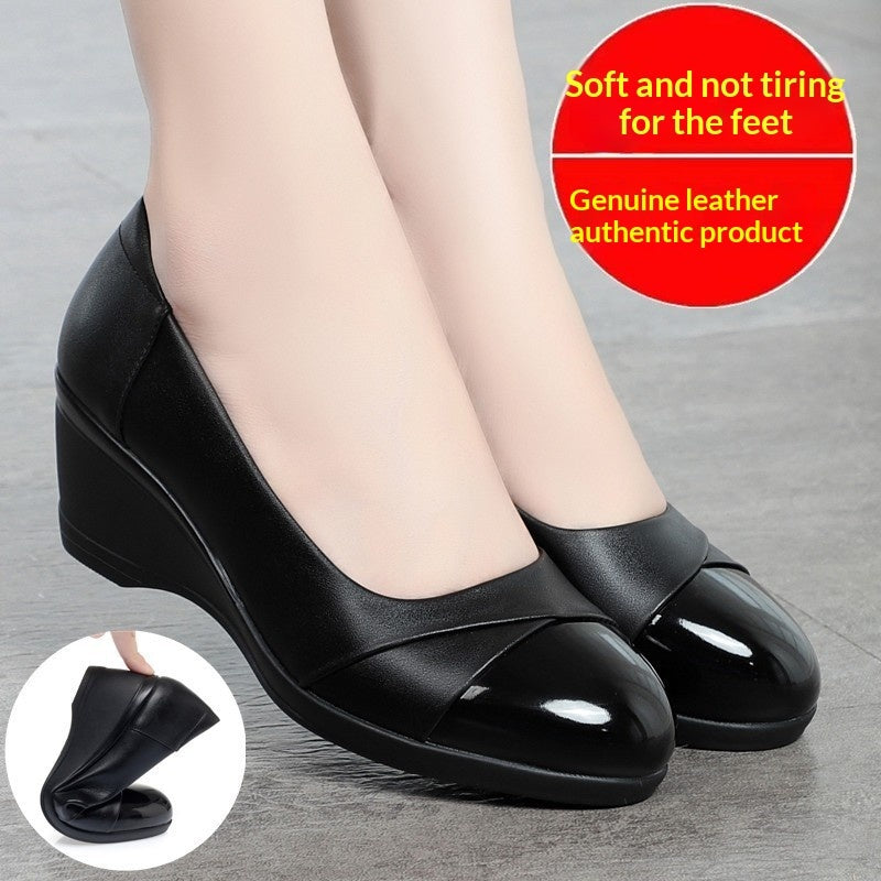 Women's Leather Wedge Comfort Shoes - Soft Pigskin Lined Mid Heel Slip-On Shoes