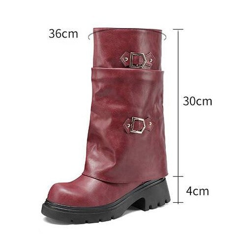 Women's Retro Multi-Layer Buckle Boots – Suede High-Top Boots with Stacked Buckle Detail