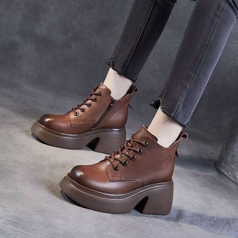 Women's Mid-Calf Chunky Heel Boots | Side Zipper | PU Leather | Black Beige Brown