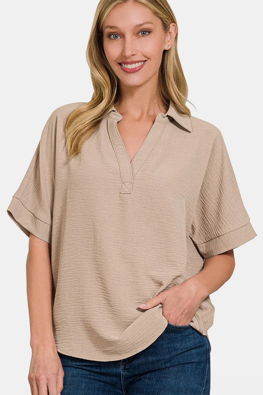 Texture Collared Neck Short Sleeve Top — Ash Mocha