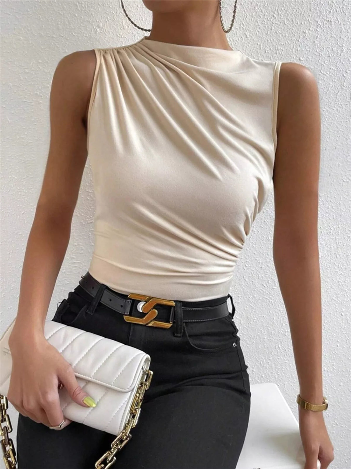 Ruched Solid Color Fitted Tank Top