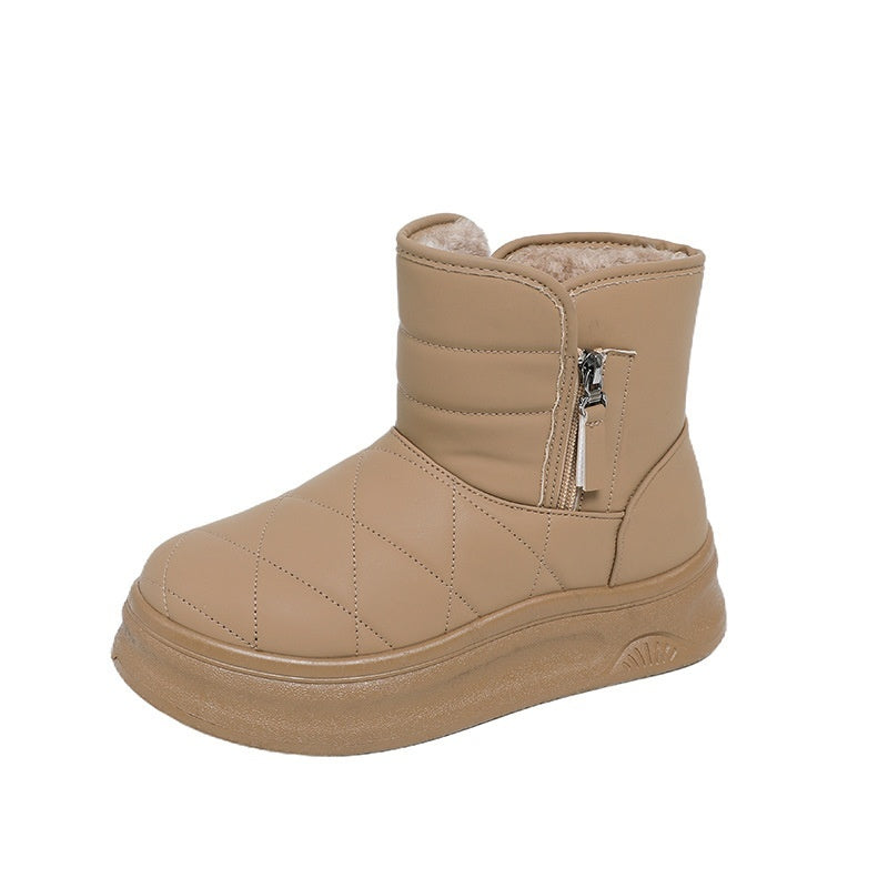 Women's Fleece-Lined Snow Boots | Warm Winter Boots with Side Zipper | Khaki Beige Black