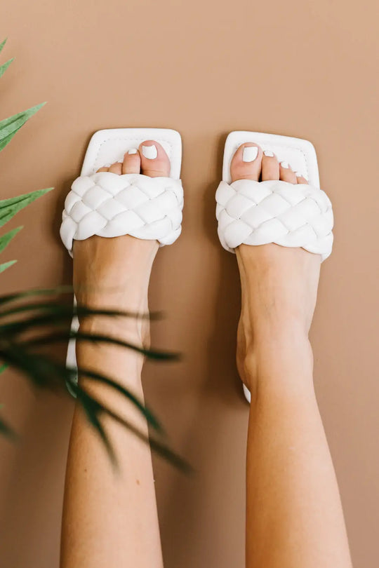 Another view: Weeboo Cakewalk Woven Square Toe Slides in White