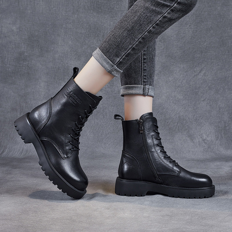 Women's Genuine Leather Chunky Heel Ankle Boots | Fleece-Lined Side Zipper | British Style