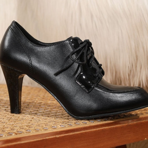 Women's Deep V-Cut Pointed Toe Chunky Heel Mid-Ankle Boots | Black & Dark Brown