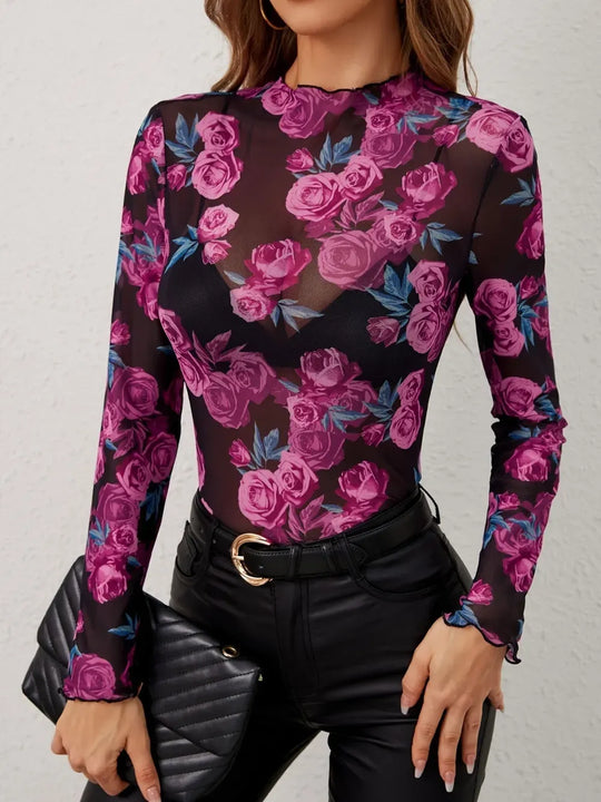 Another view: Women's Floral Mock-Neck Long-Sleeve Top