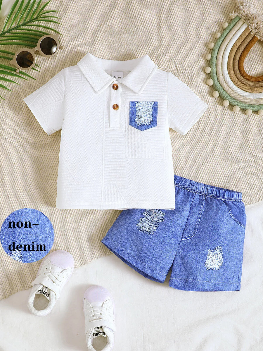 Baby & Toddler Textured Polo & Distressed Shorts Set – White