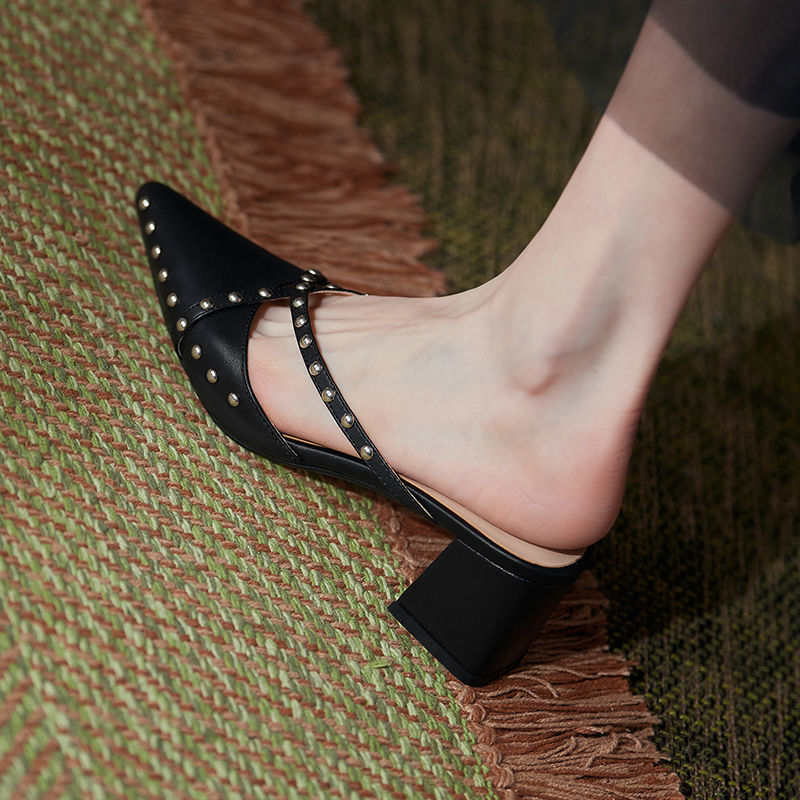 Women's Chunky Block Heel Pointed Toe Studded Slip-On Shoes | PU Leather Korean Style Heels
