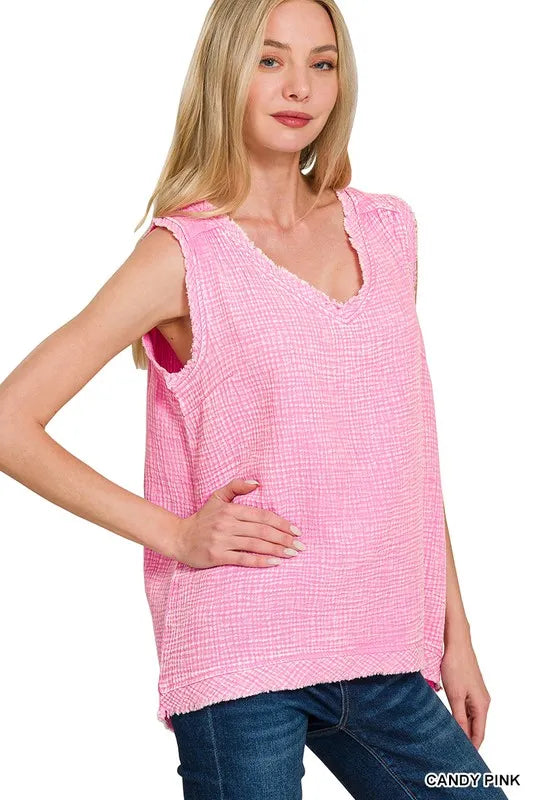 Double Gauze Raw Edge Acid Washed Tank