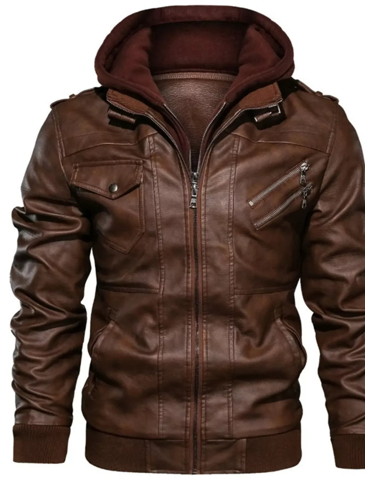 Men's Hooded Faux Leather Moto Jacket — photo 5