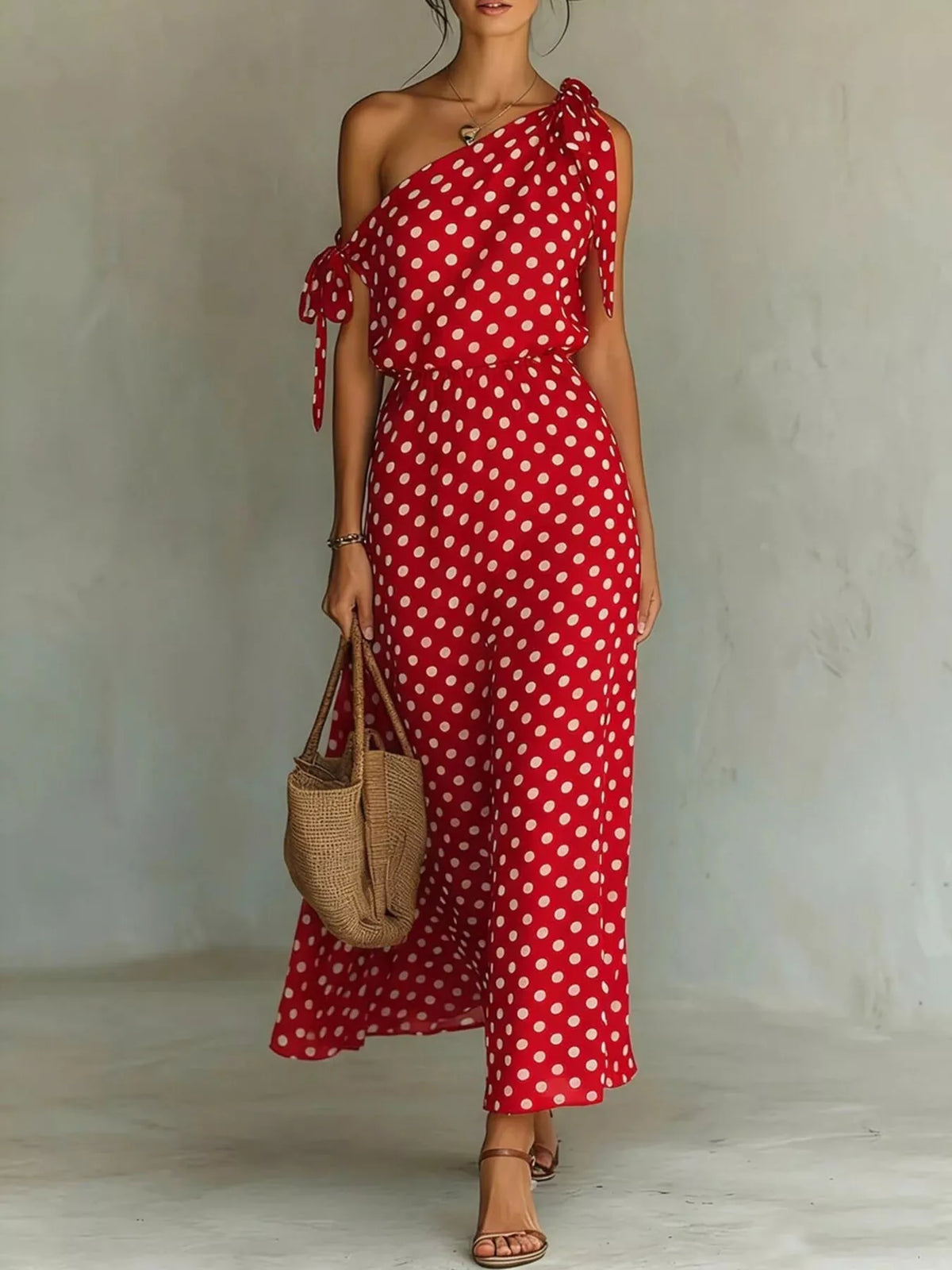 Full Size Polka Dot One-Shoulder Maxi Dress Plus Size